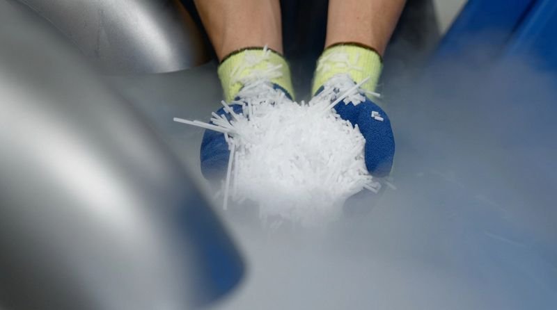 Pellets de hielo seco recién extruidos saliendo de una peletizadora Cold Jet
